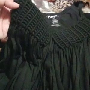 Black tank top with full fringe front.